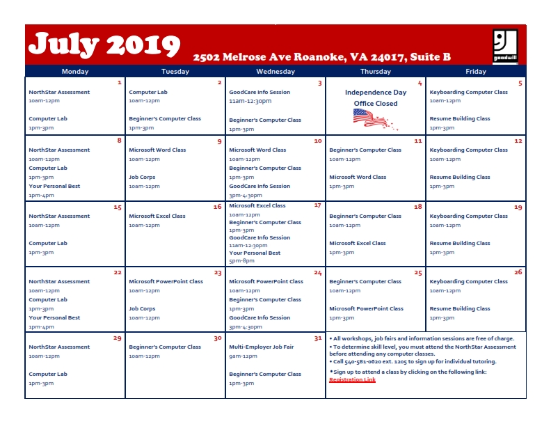 July 2019 Goodwill Calendar/Computer Classes – Nonprofit Roanoke