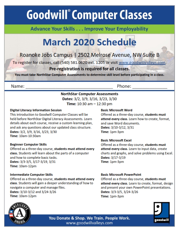 Goodwill Computer Classes March Schedule Nonprofit Roanoke